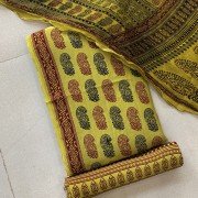 Brass Color Hand Block Printed Bagh Print Muslin Suit With Chiffon Zari Dupatta
