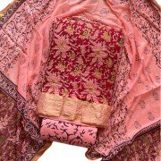 Light Carmine Pink Hand Printed Kalamkari Print Dora Silk Suit With Chiffon Zari Border Dupatta