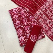 Japanese Maple Color Hand Block Wax Batik Rayon Suit With Chiffon Dupatta