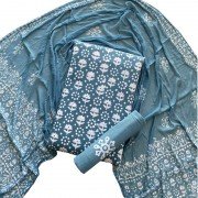 Blue Bayoux Color Wax Batik Hand Block Print Cotton Suit With Chiffon Dupatta