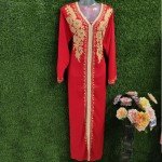 Red Hand Printed Zari Work Rayon Fabric Gown