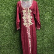 Wine Berry Color Hand Printed Zari Work Rayon Fabric Gown