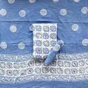 Flat Blue Wax Batik Hand Block Printed Multi Color Cotton Fabric Suit With Cotton Dupatta