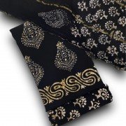 Black Hand Block Wax Indonesian Batik Print Rayon Suit With Chiffon Dupatta