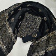 Woodsmoke Color Indonesian Style Batik Hand Block Printed Pure Cotton Suit With Chiffon Dupatta