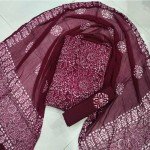 Wine Berry Color Indonesian Style Batik Hand Block Printed Pure Cotton Suit With Chiffon Dupatta