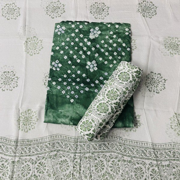 Mineral Green Color Tie Dye Hand Block Print Muslin Suit With Chiffon Dupatta