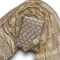 Brownish Grey, Indonesian Style Batik Hand Block Printed Pure Cotton Suit With Chiffon Dupatta