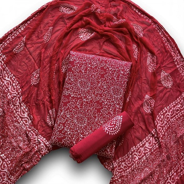 Merlot, Indonesian Style Batik Hand Block Printed Pure Cotton Suit With Chiffon Dupatta