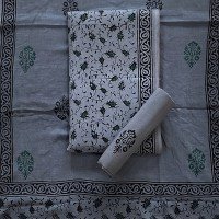 Steel Color, Hand Block Printed Pigment Cotton Suit With Fancy Linen Dupatta
