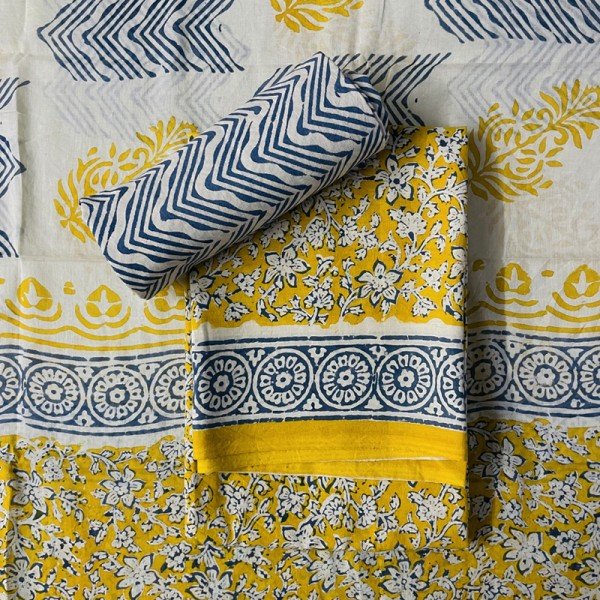 Ochre Color Hand Block Indigo Print Kalamkari Cotton Suit