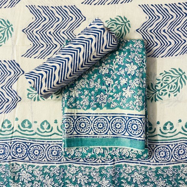 Dark Aqua Color Hand Block Indigo Print Kalamkari Cotton Suit