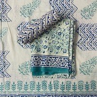 Greenish Blue Color Hand Block Indigo Print Kalamkari Cotton Suit
