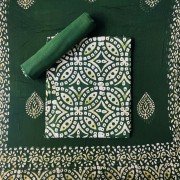 Medium Jungle Green Color Batik Print Cotton Suit With Chiffon Dupatta