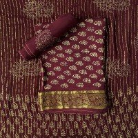 Cocoa Bean Color Dora Silk Discharge Print Suit With Chiffon Gold Zari Dupatta