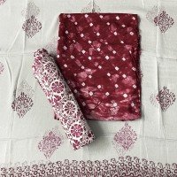 Wine Color Tie Dye Hand Block Print Muslin Suit With Chiffon Dupatta