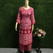 Pinkish Red Soft Rayon Indonesian Batik Print Kurti Plazo