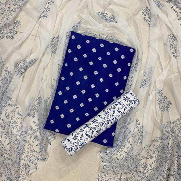 Denim Dark Blue Hand Block Pigment Print Bandej Suit With Chiffon Dupatta