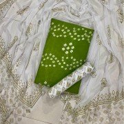 Green Leaf Color Hand Block Pigment Print Bandej Suit With Chiffon Dupatta