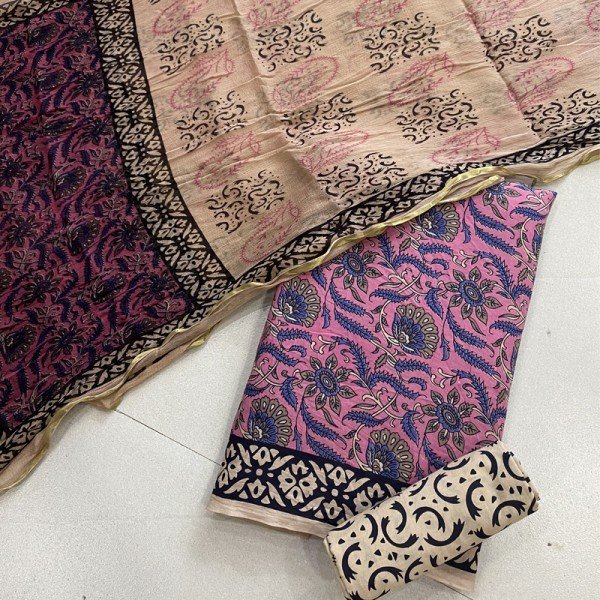 Old Pink Hand Printed Kalamkari Cotton Suit With Chiffon Zari Dupatta