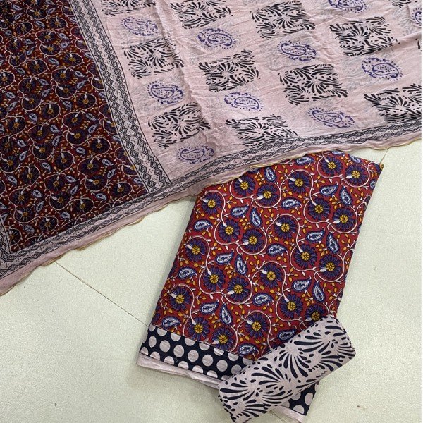 Vivid Auburn Color Hand Printed Kalamkari Cotton Suit With Chiffon Zari Dupatta