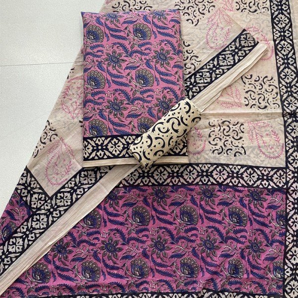 Turkish Rose Color Hand Printed Kalamkari Cotton Suit