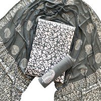 Gunsmoke Color Wax Batik Hand Block Print Cotton Suit With Chiffon Dupatta