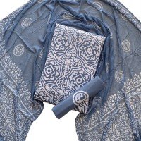Marble Blue Wax Batik Hand Block Print Cotton Suit With Chiffon Dupatta