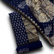 Blue Charcoal Color Discharge Print Pure Dora Silk Fabric Banarsi Suit
