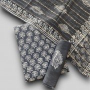 Davy Grey Color Indonesian Style Batik Hand Block Printed Pure Muslin Fabric Suit With Georgette Zari Dupatta