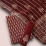 Cherrywood Color Indonesian Style Batik Hand Block Printed Pure Muslin Fabric Suit With Georgette Zari Dupatta