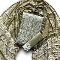Camo Color Indonesian Style Batik Hand Block Printed Pure Cotton Fabric Suit With Chiffon Dupatta
