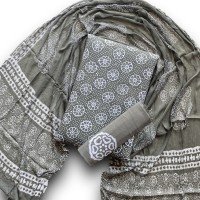 Dove Grey Color Indonesian Style Batik Hand Block Printed Pure Cotton Fabric Suit With Chiffon Dupatta