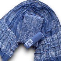 Chambray Color Indonesian Style Batik Hand Block Printed Pure Cotton Fabric Suit With Chiffon Dupatta