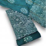 Teal Green Hand Block Wax Indonesian Batik All Over Print Rayon Suit With Chiffon Dupatta