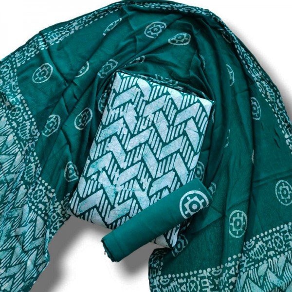 Dark Blue Green Wax Batik Hand Block Print Cotton Suit With Chiffon Dupatta