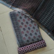 Shuttle Grey Hand Block Printed Bagh Print Muslin Suit With Chiffon Zari Dupatta