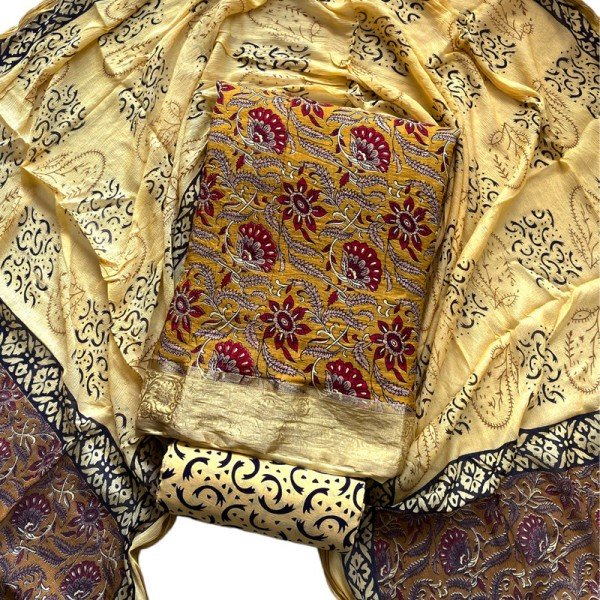 reef-gold-color-hand-printed-kalamkari-print-dora-silk-suit-with-chiffon-zari-border-dupatta