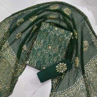 Bush Color Indonesian Style Batik Hand Block Printed Pure Cotton Suit With Chiffon Dupatta